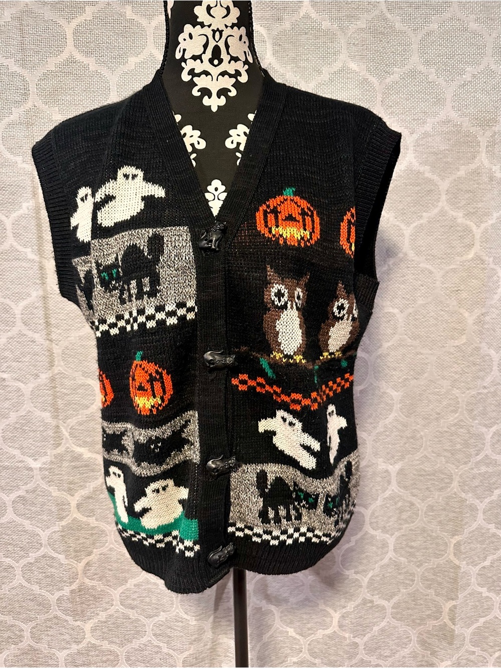 Vintage 90s Black Halloween Knit Small Pets Vest w/Owls,Pumpkins&Ghosts size M